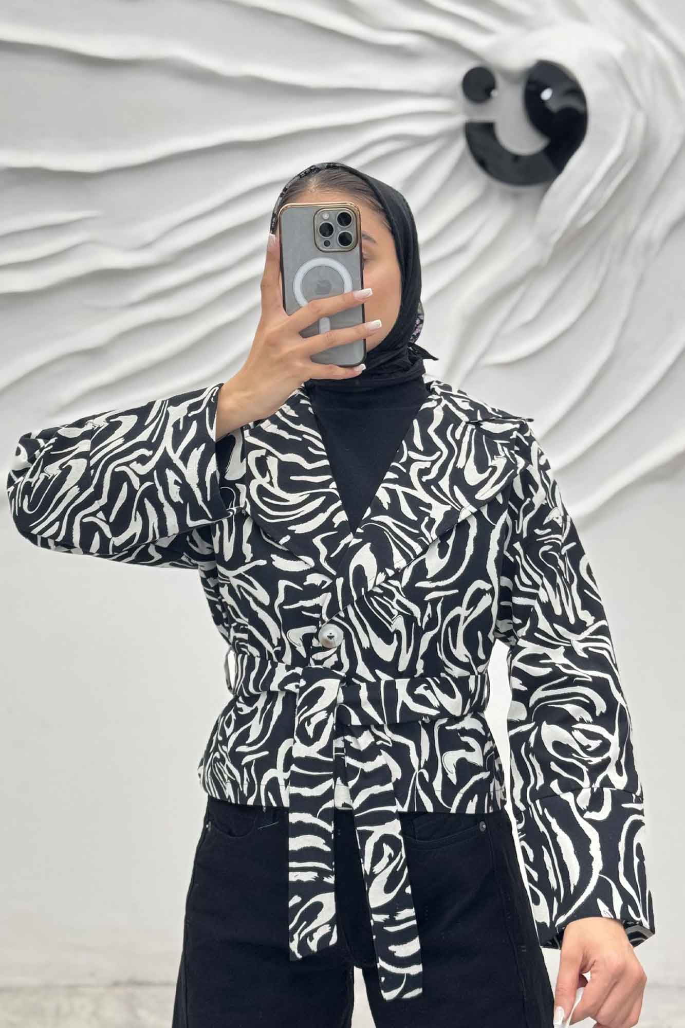 کت پاییزه دو دکمه کتان چاپی کمربنددار