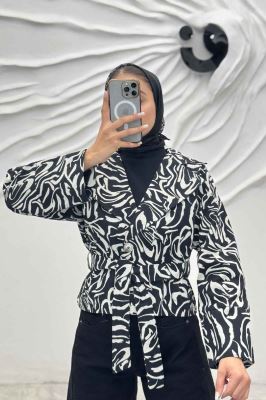 کت پاییزه دو دکمه کتان چاپی کمربنددار