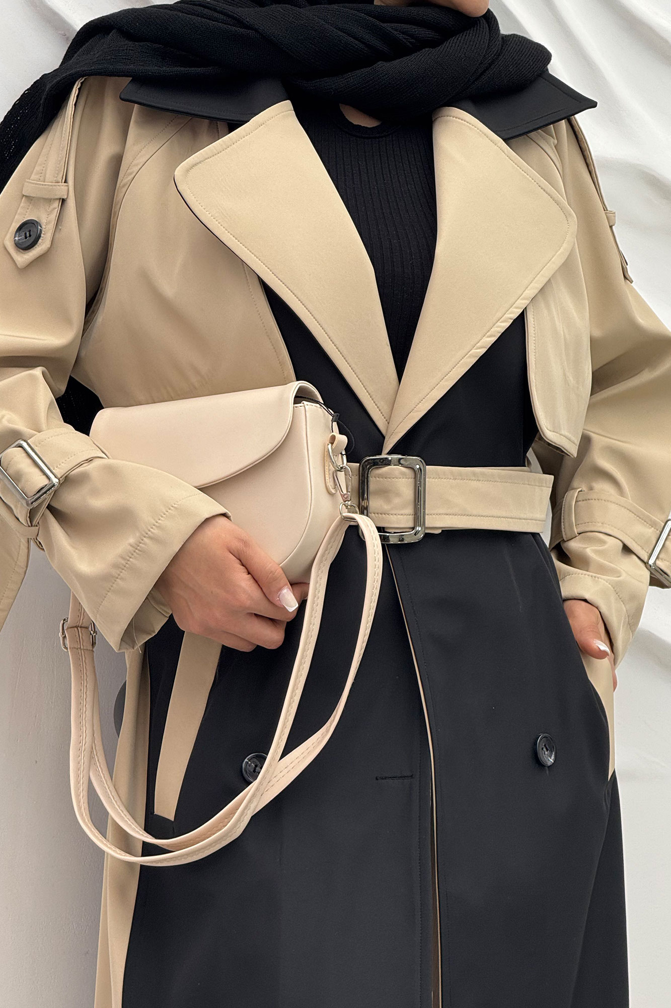 بارانی بلند دو رنگ سانتانا طرح جلیقه فرینام