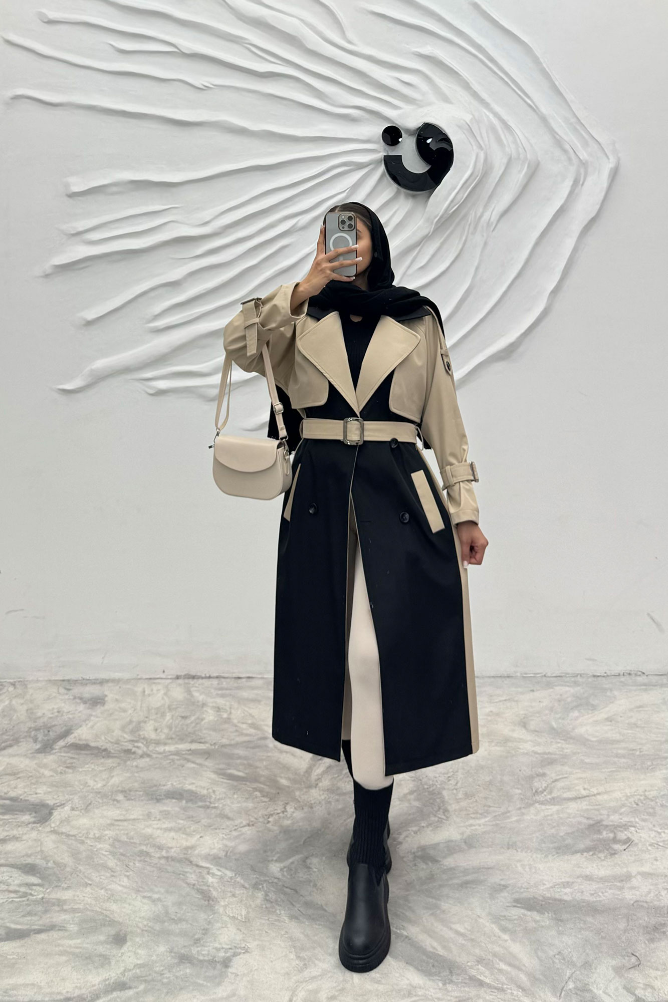 بارانی بلند دو رنگ سانتانا طرح جلیقه فرینام