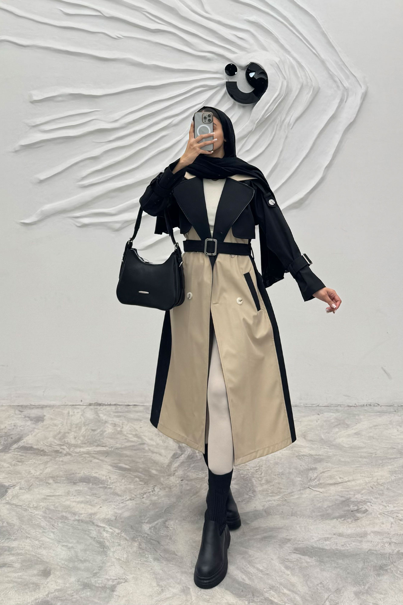 بارانی بلند دو رنگ سانتانا طرح جلیقه فرینام