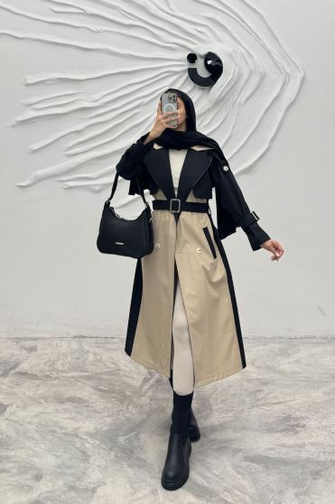 بارانی بلند دو رنگ سانتانا طرح جلیقه فرینام