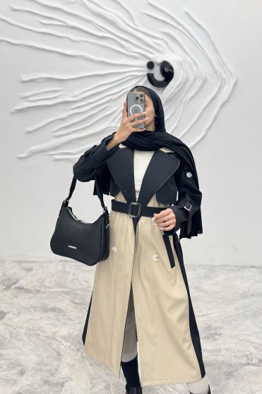 بارانی بلند دو رنگ سانتانا طرح جلیقه فرینام