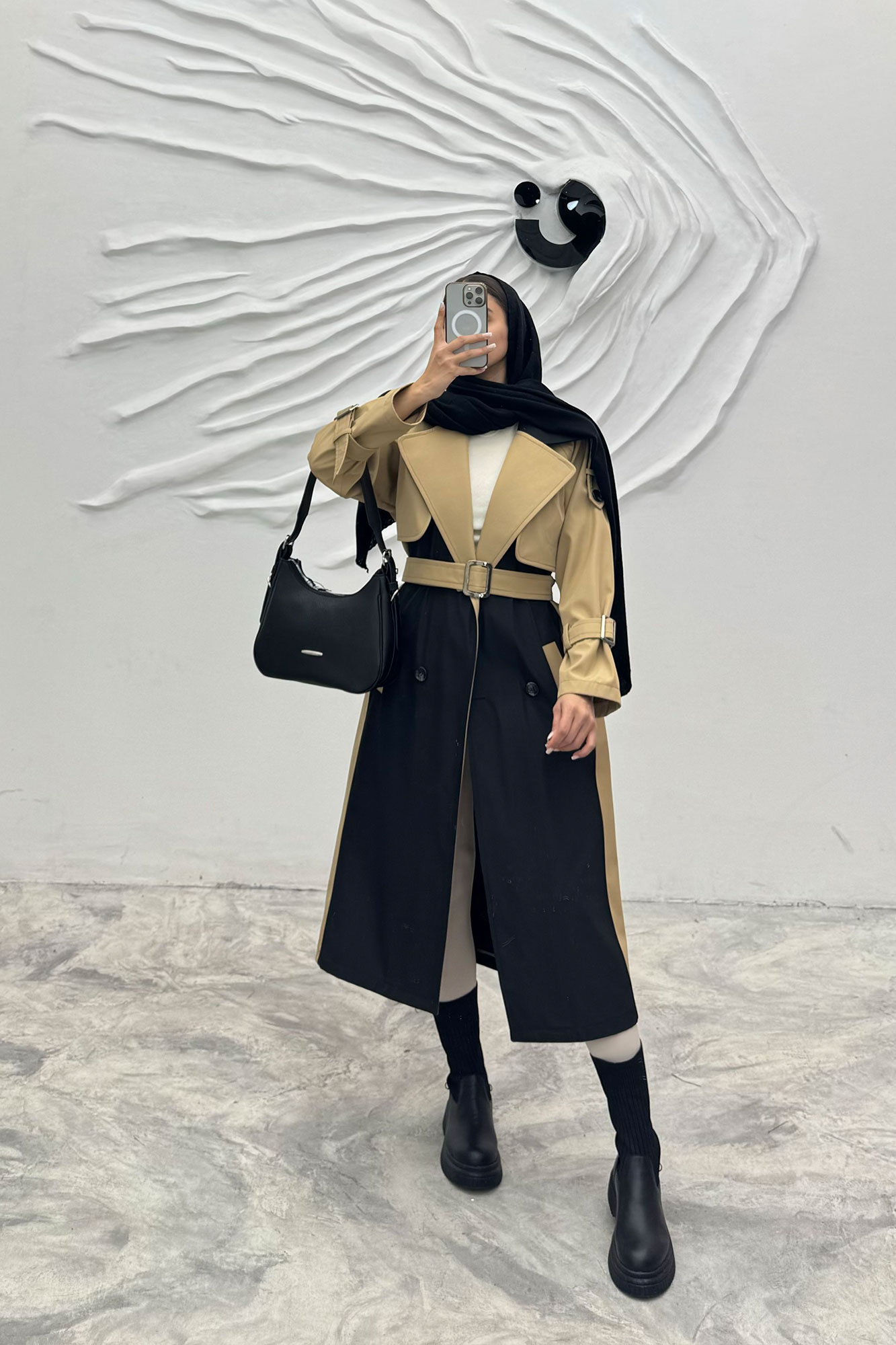 بارانی بلند دو رنگ سانتانا طرح جلیقه فرینام