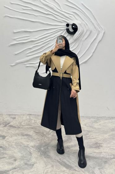 بارانی بلند دو رنگ سانتانا طرح جلیقه فرینام