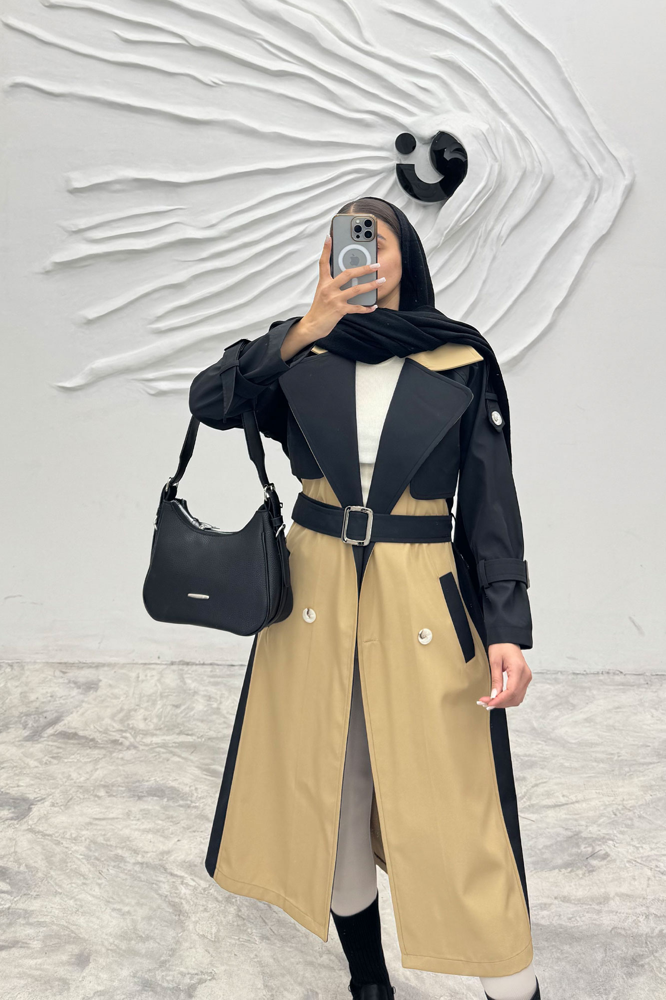 بارانی بلند دو رنگ سانتانا طرح جلیقه فرینام