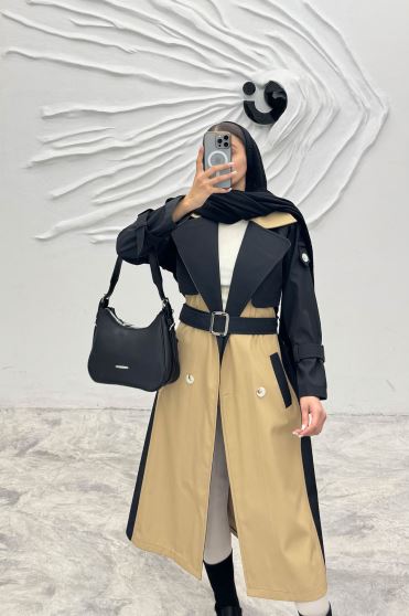 بارانی بلند دو رنگ سانتانا طرح جلیقه فرینام