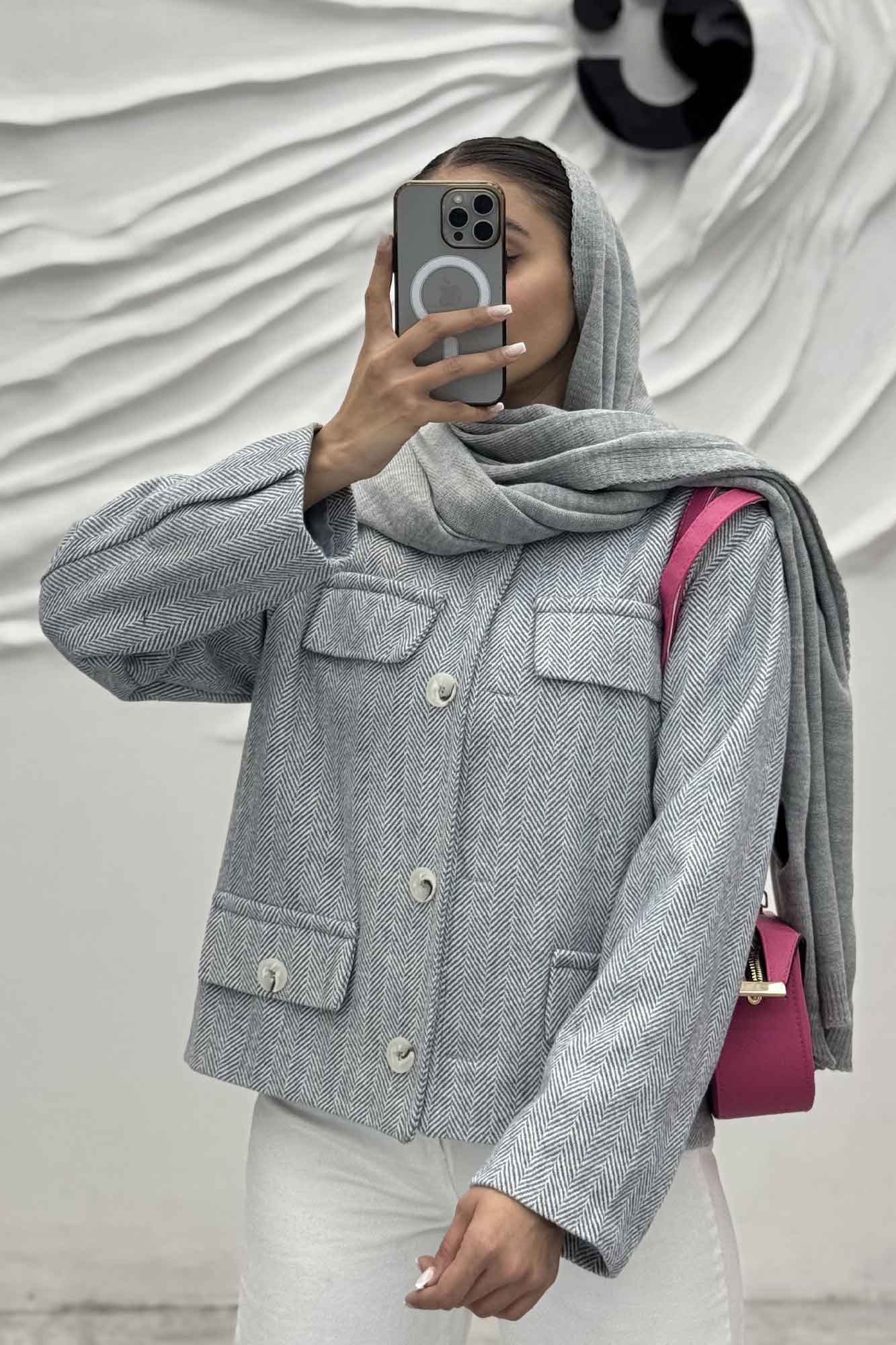 کت کوتاه چهار در جیب پشمی طرح دار R