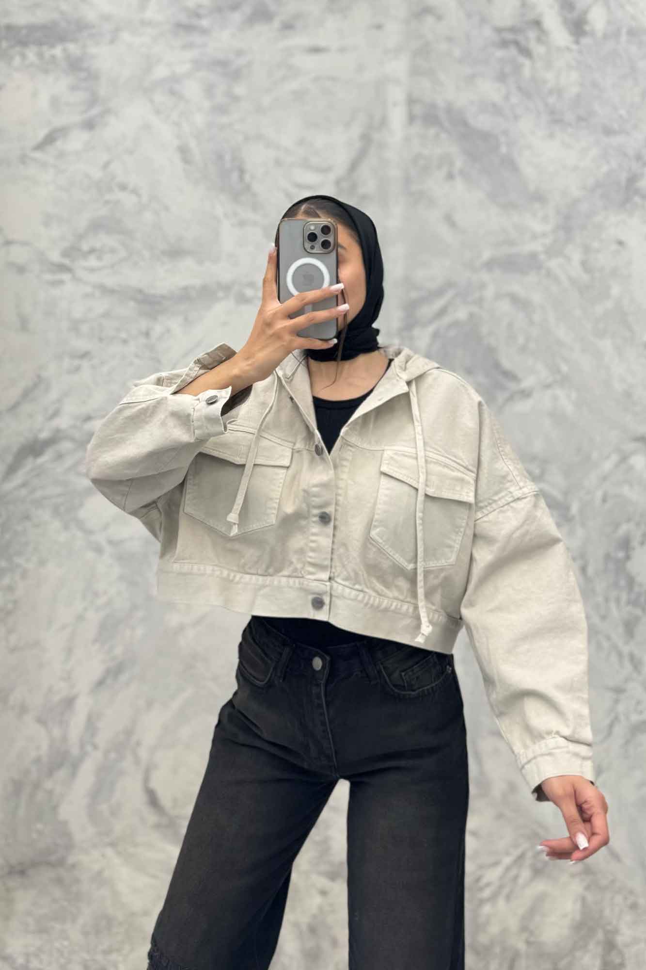 کت کتان کراپ کلاهدار 24981