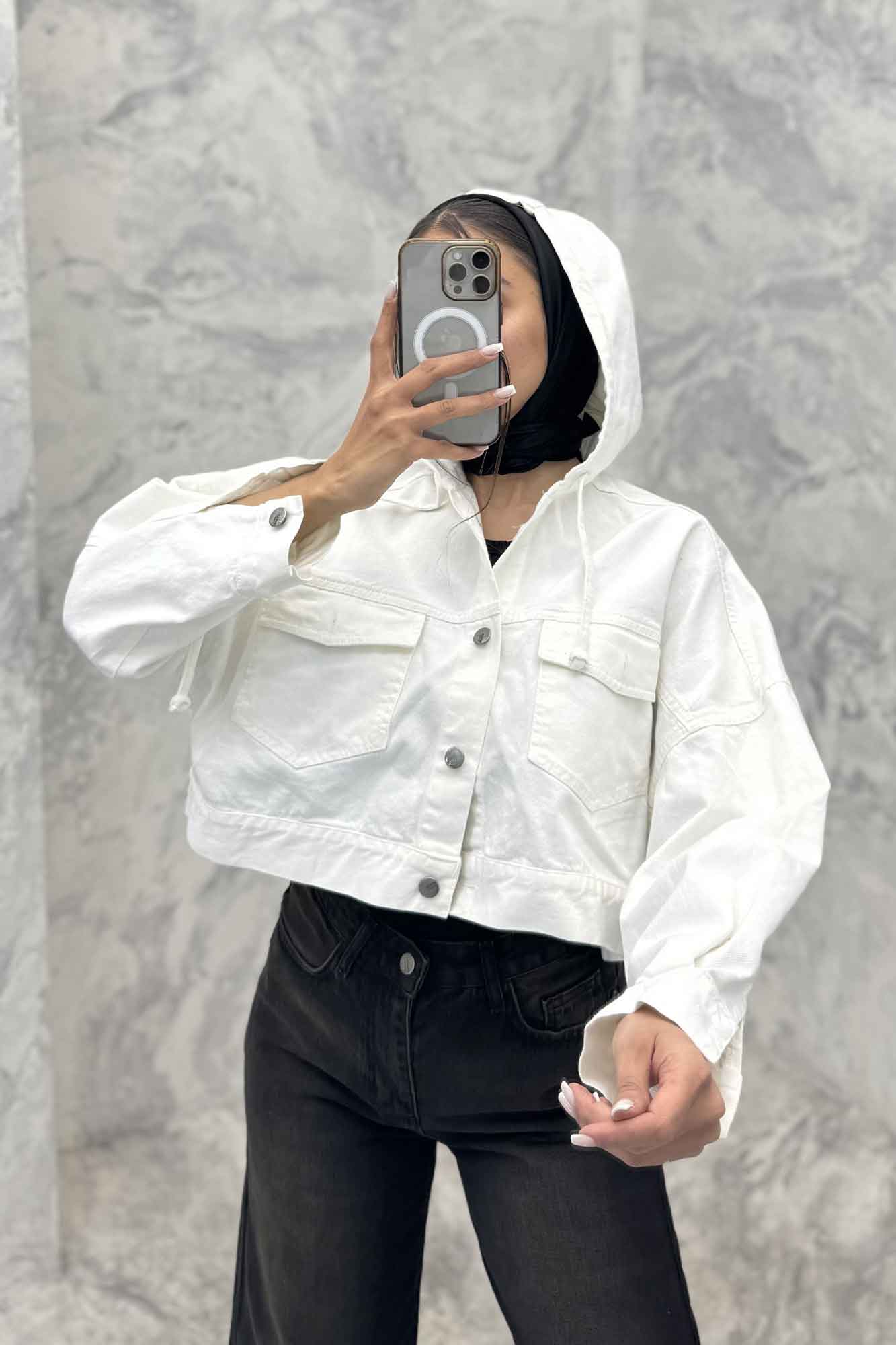 کت کتان کراپ کلاهدار 204993