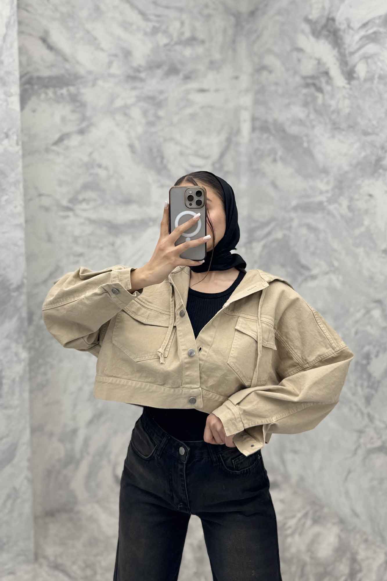 کت کتان کراپ کلاهدار 204986