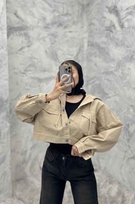 کت کتان کراپ کلاهدار 204986