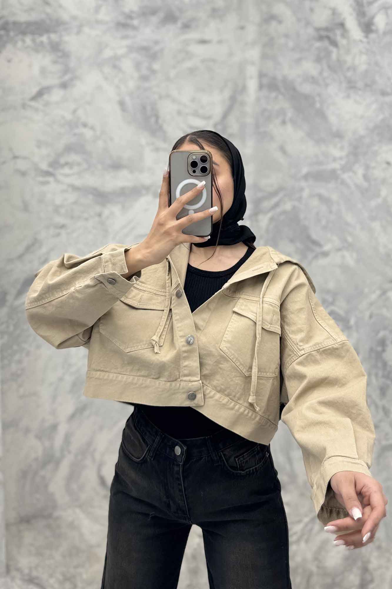 کت کتان کراپ کلاهدار 204986