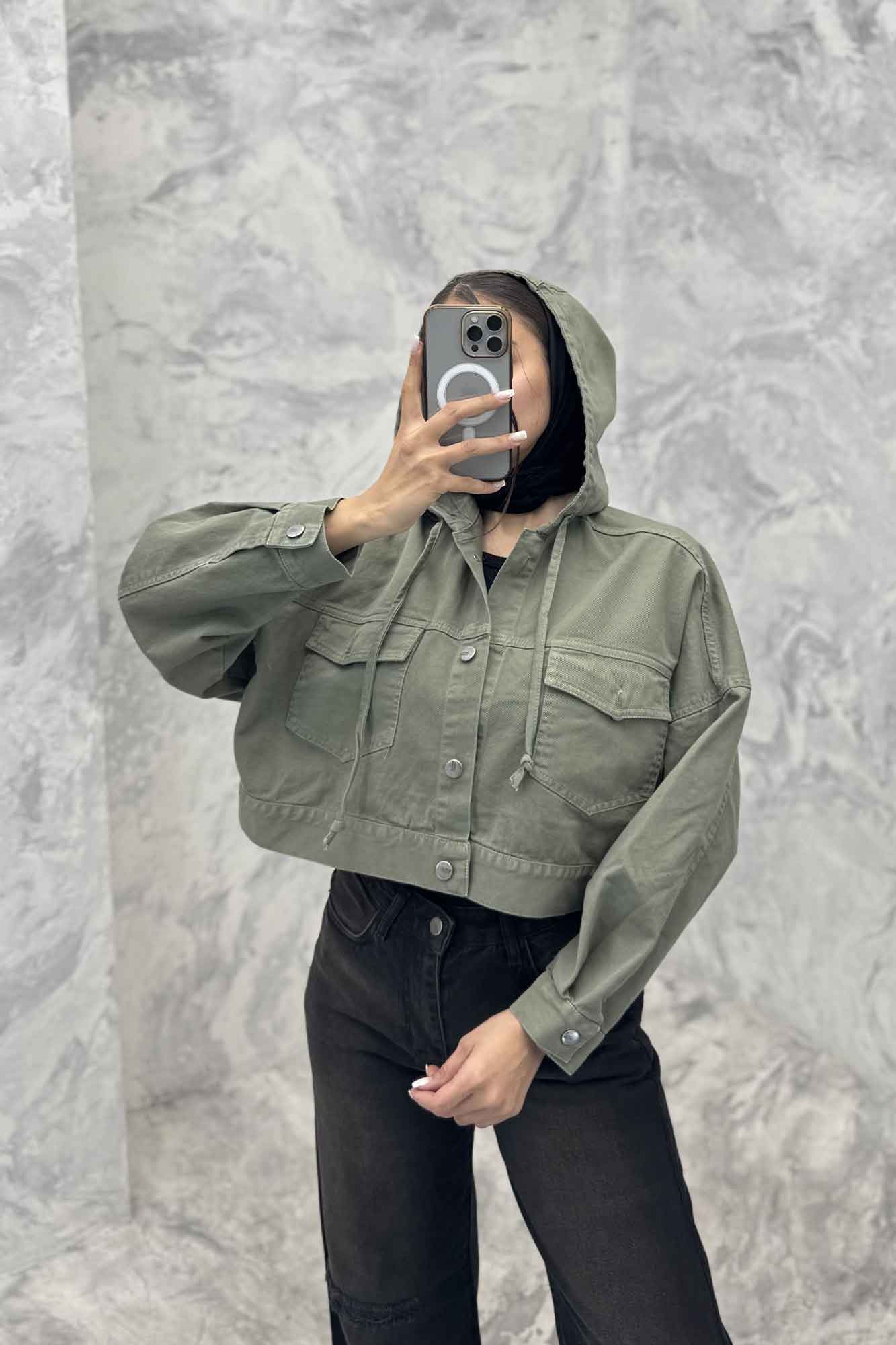 کت کتان کراپ کلاهدار 204979