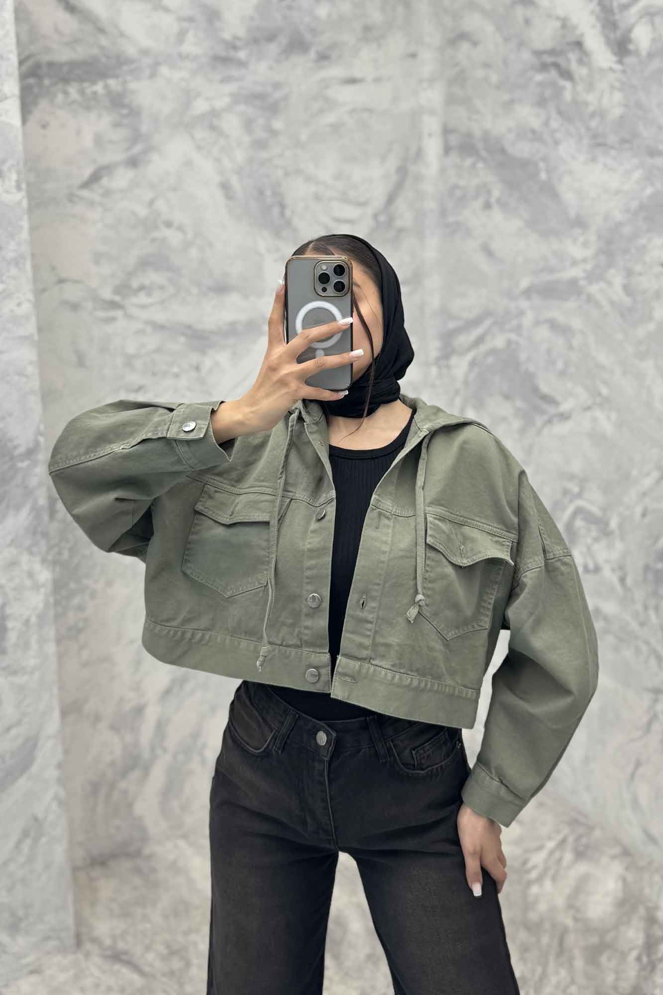 کت کتان کراپ کلاهدار 204979