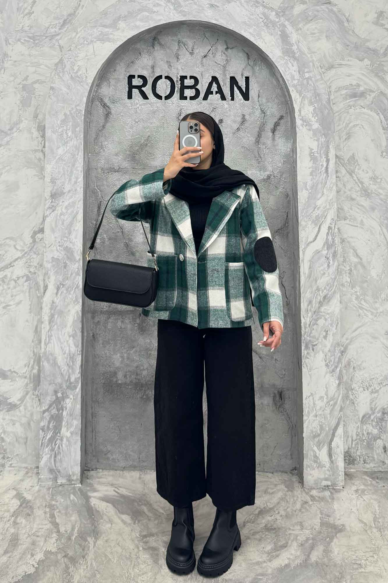 کت آستردار چهارخانه آرنج تکه دوزی