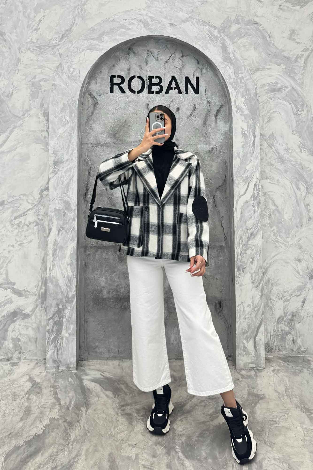 کت آستردار چهارخانه آرنج تکه دوزی