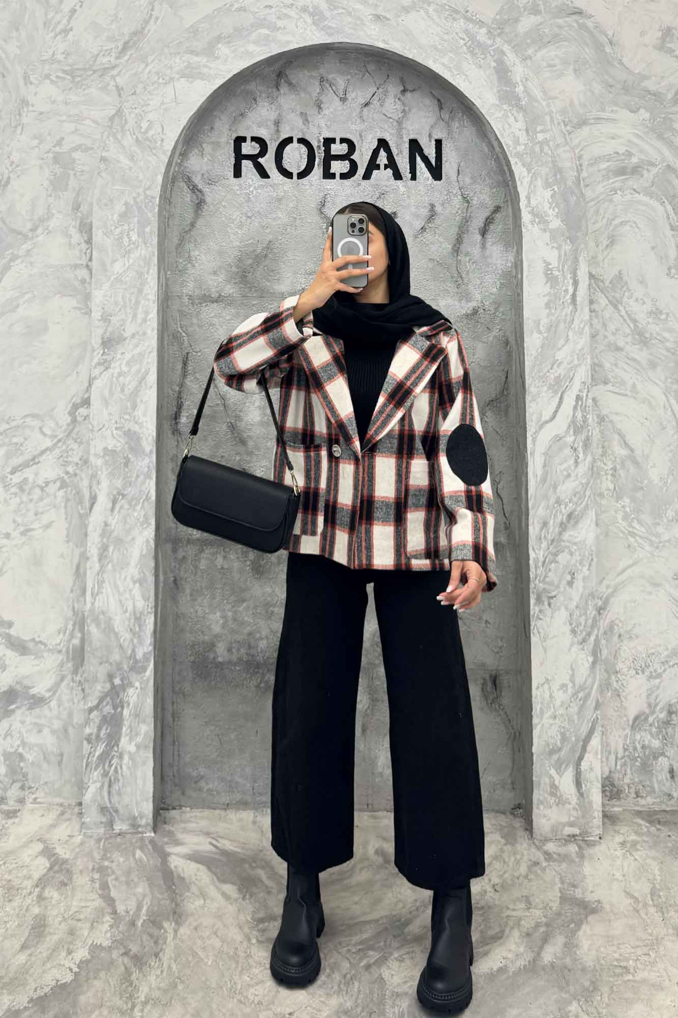 کت آستردار چهارخانه آرنج تکه دوزی