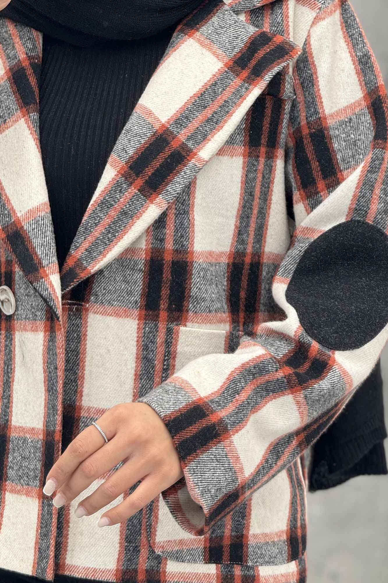 کت آستردار چهارخانه آرنج تکه دوزی