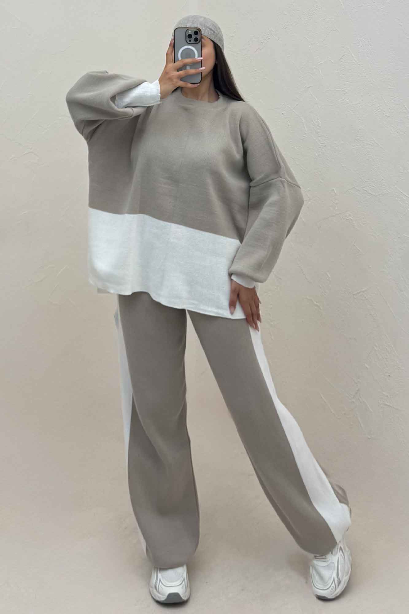 ست دورس و شلوار بافت لش پایین سفید