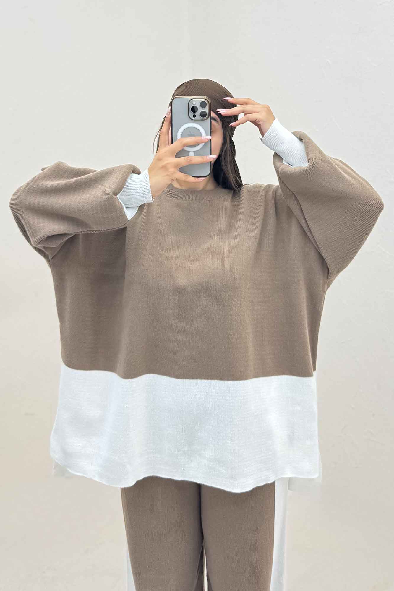 ست دورس و شلوار بافت لش پایین سفید