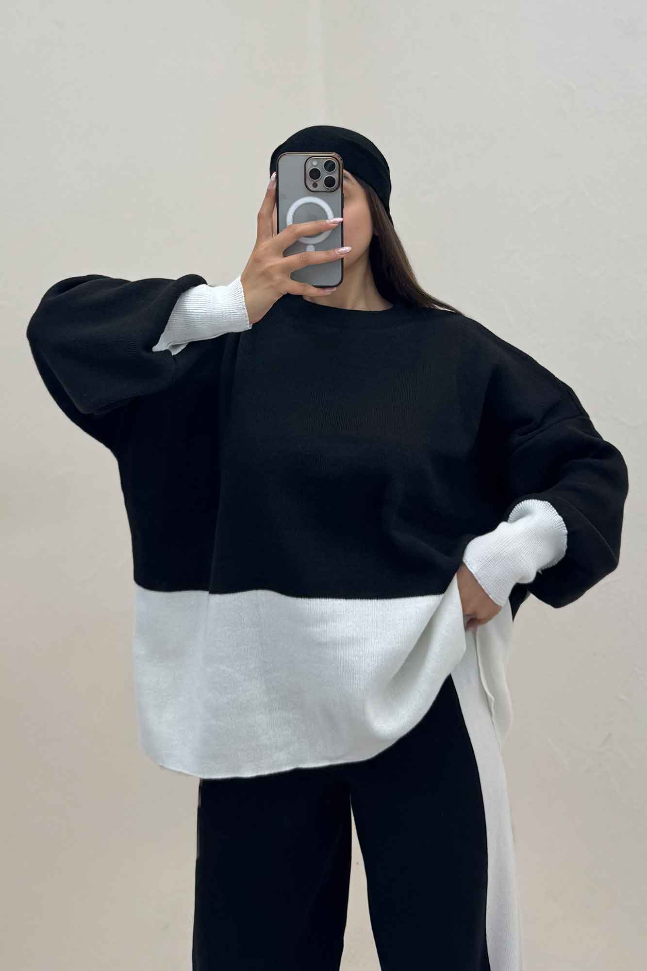 ست دورس و شلوار بافت لش پایین سفید