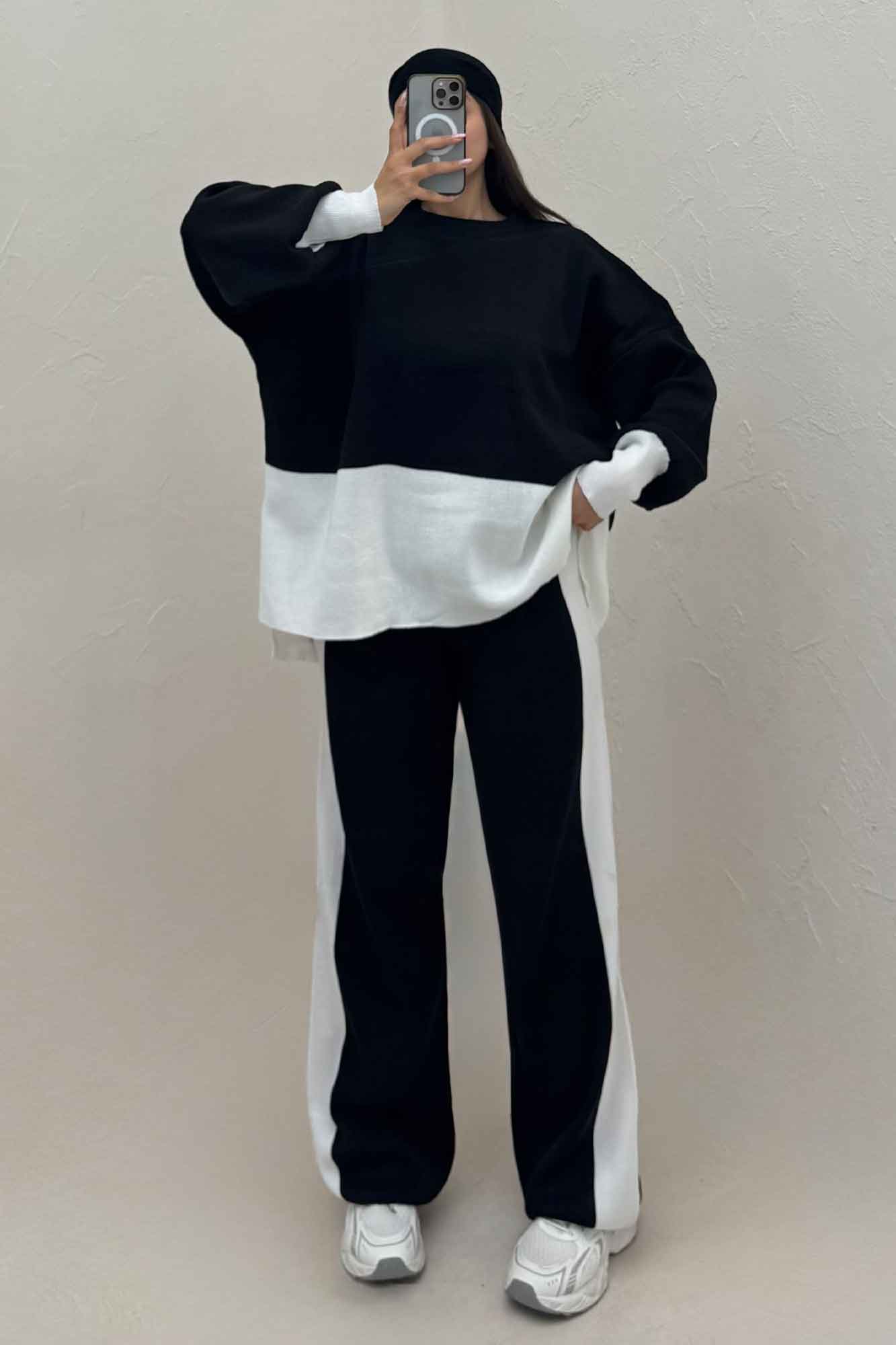 ست دورس و شلوار بافت لش پایین سفید