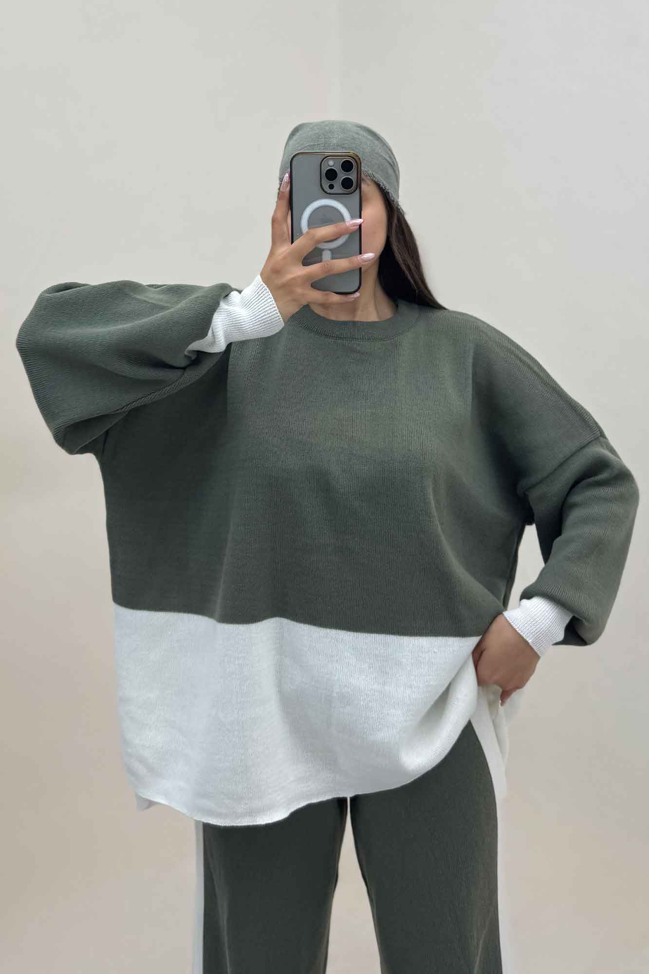 ست دورس و شلوار بافت لش پایین سفید