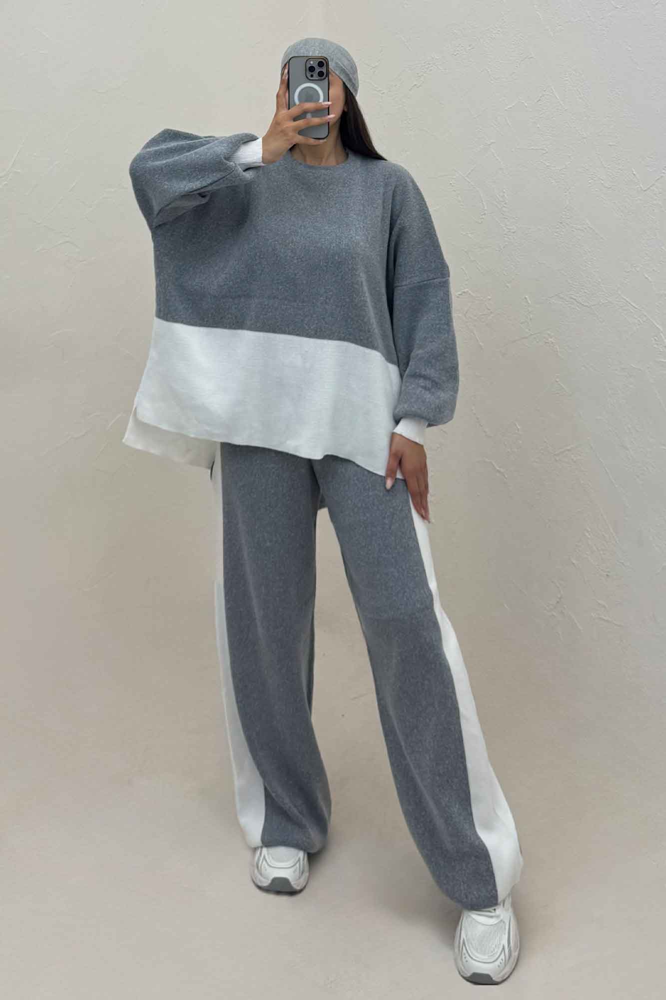 ست دورس و شلوار بافت لش پایین سفید