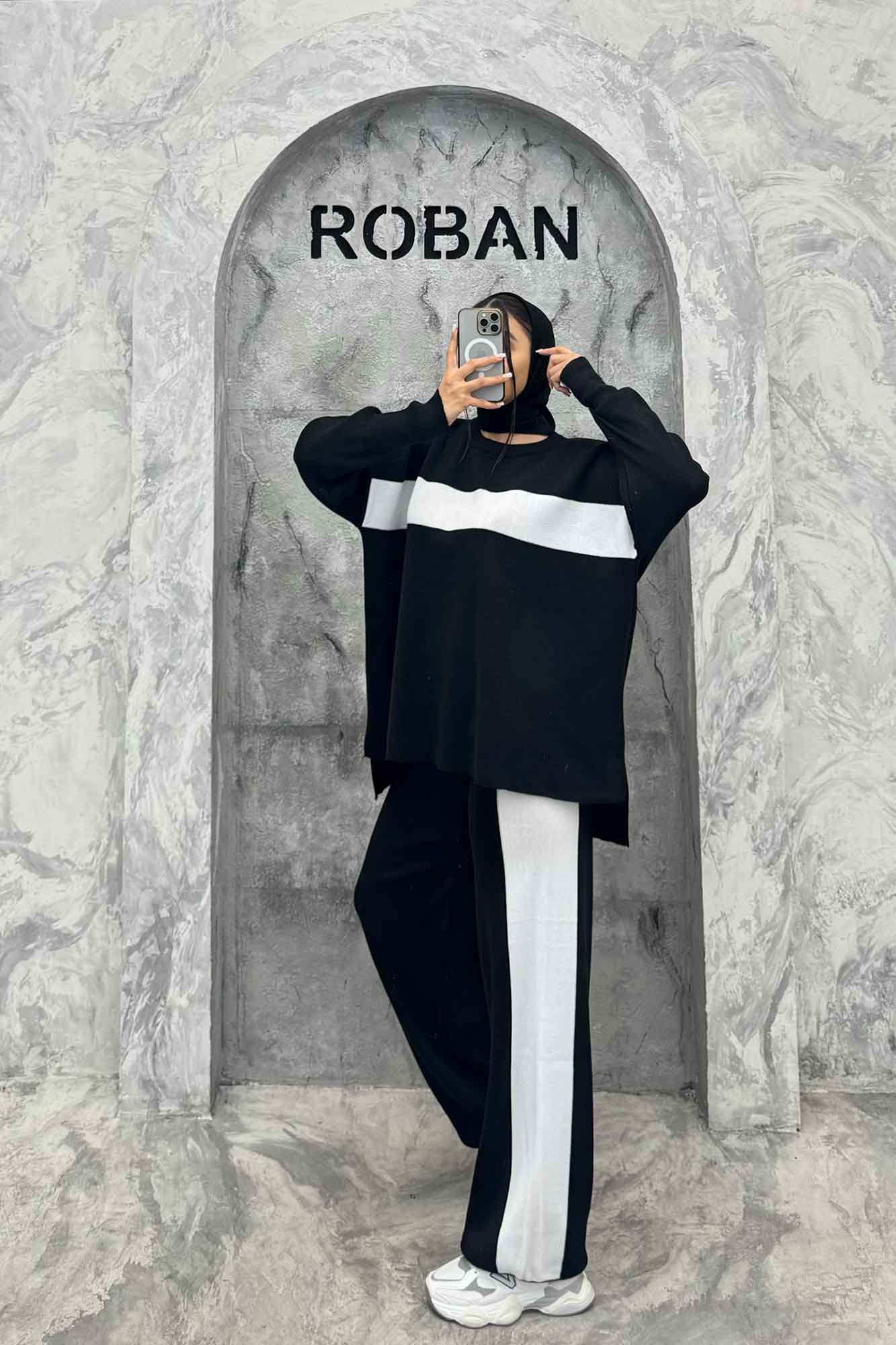 ست دورس و شلوار بافت لش پشت بلند