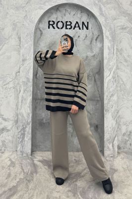 ست دورس و شلوار یقه گرد راه راه بافت