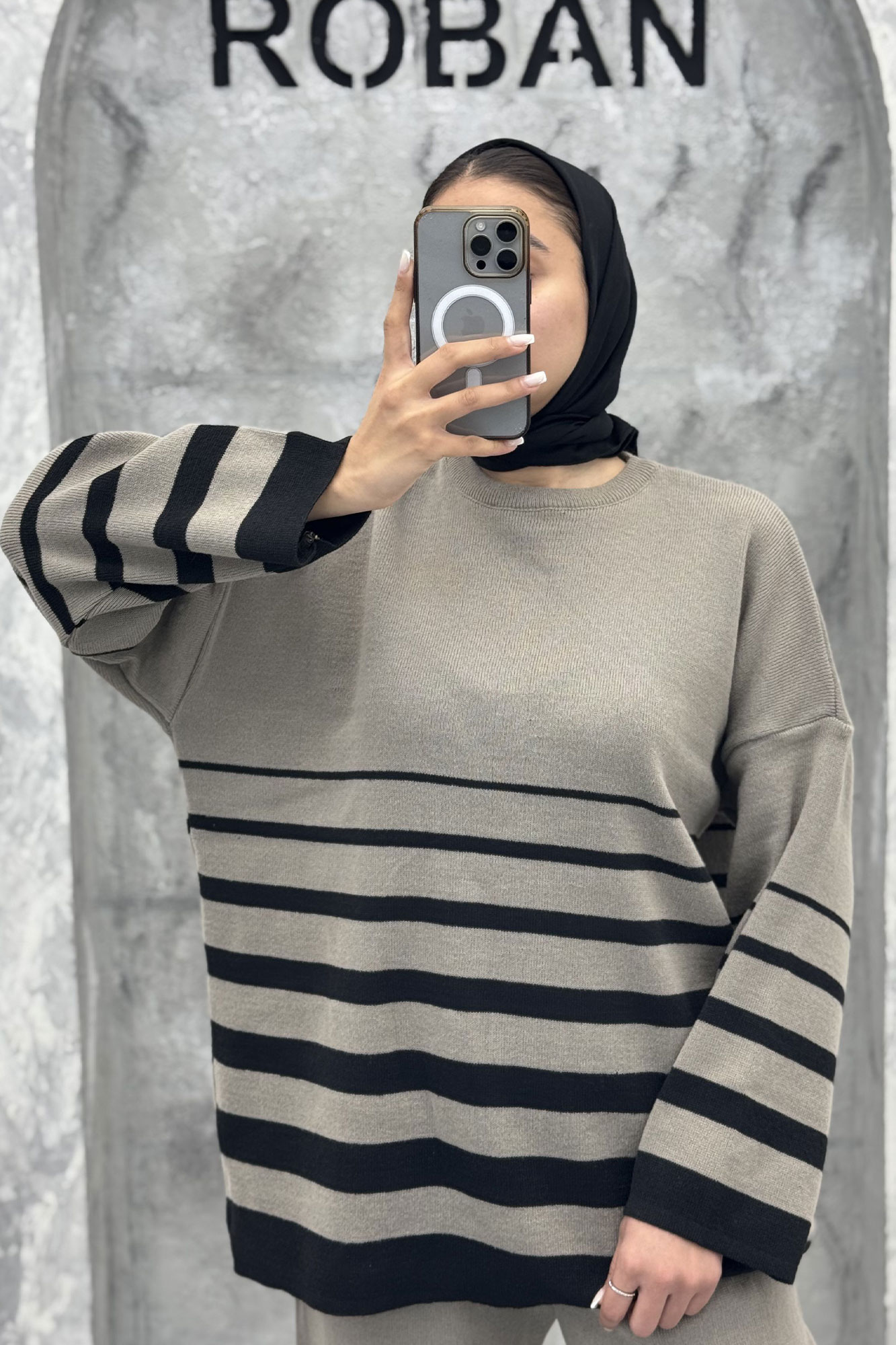 ست دورس و شلوار یقه گرد راه راه بافت