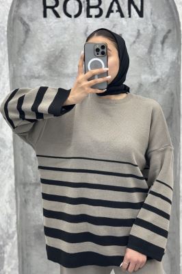 ست دورس و شلوار یقه گرد راه راه بافت