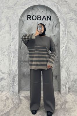 ست دورس و شلوار یقه گرد راه راه بافت