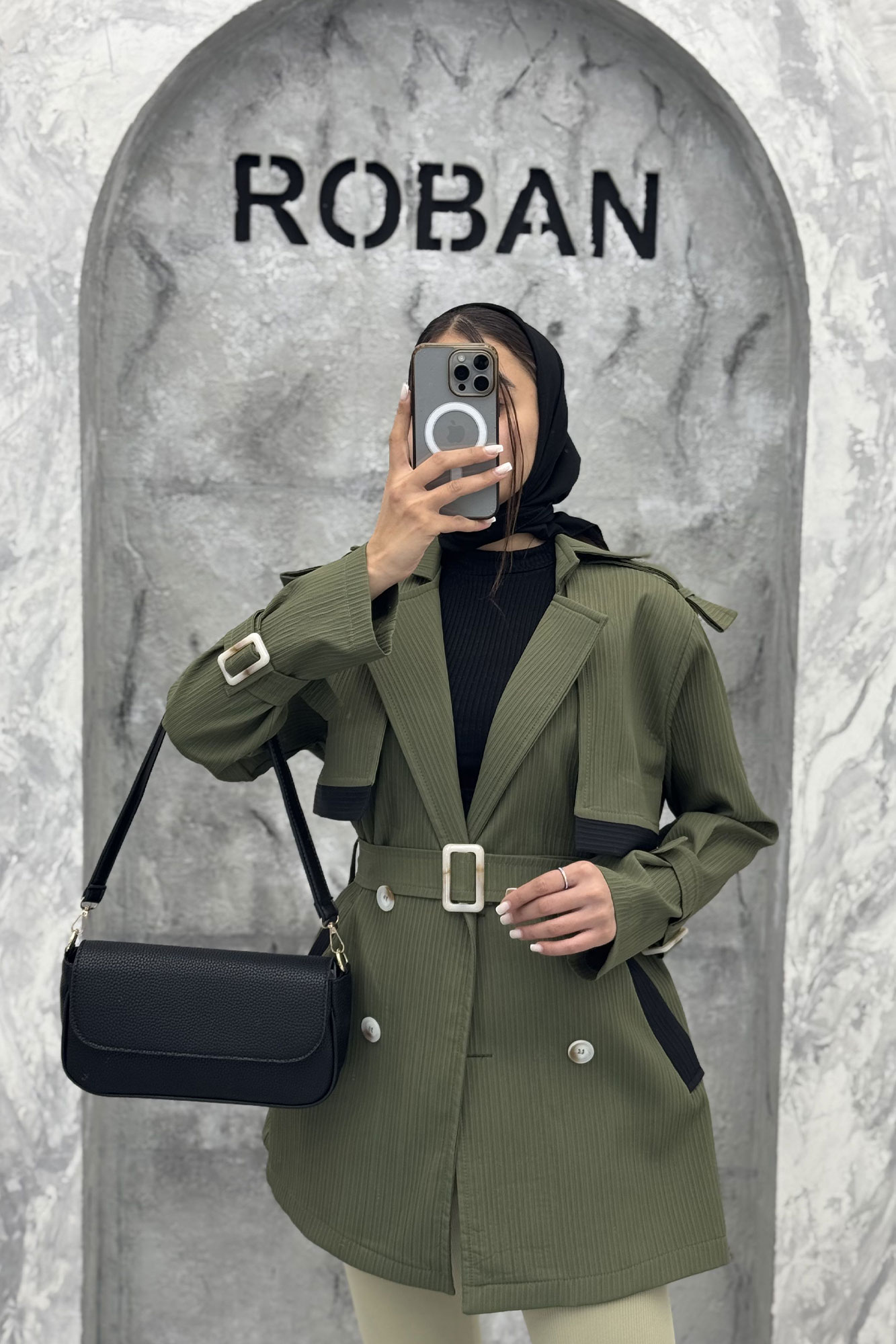 ترنچ کت سانتانا میله ای تیکه مشکی