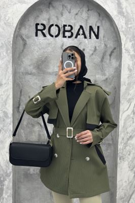 ترنچ کت سانتانا میله ای تیکه مشکی