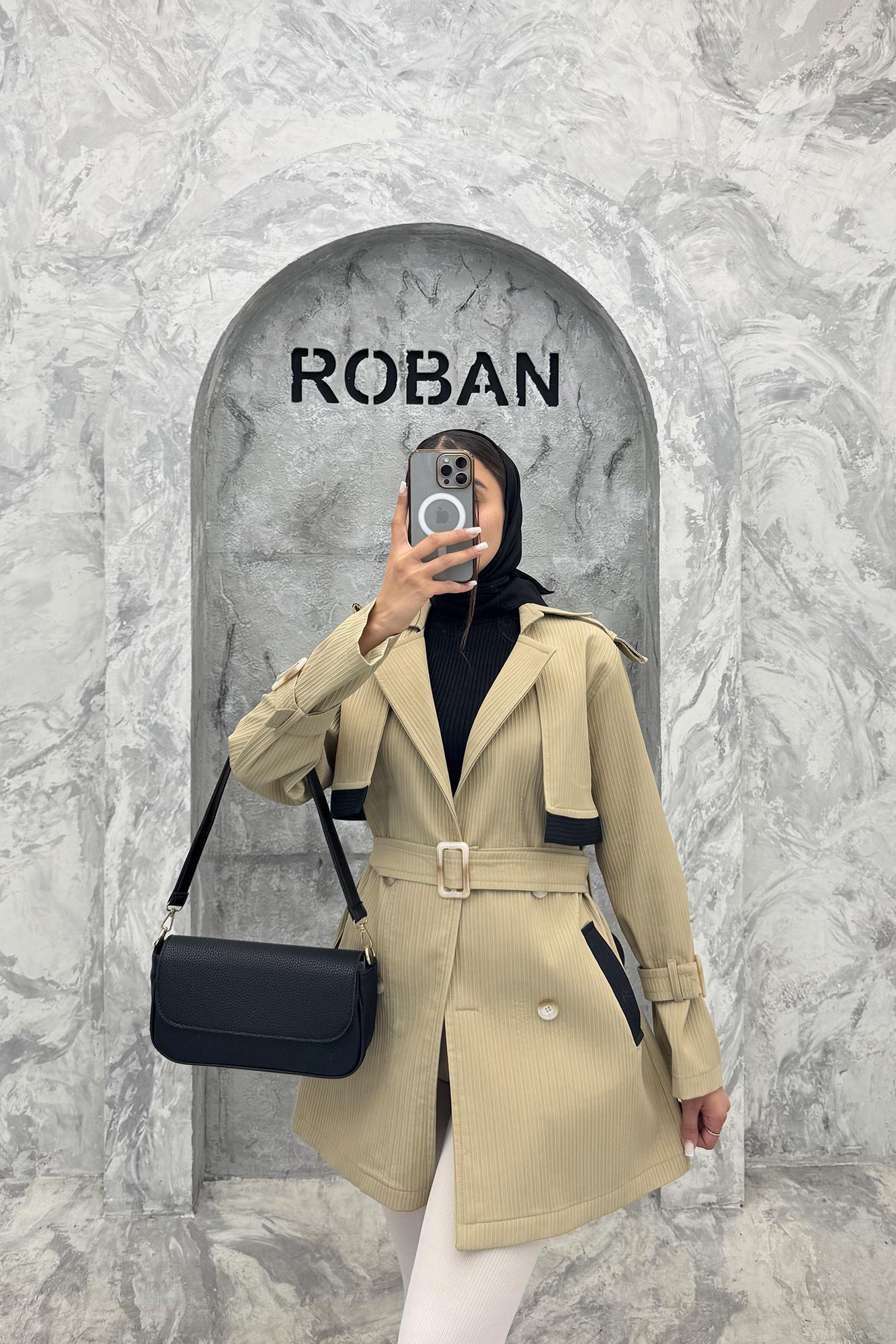 ترنچ کت سانتانا میله ای تیکه مشکی