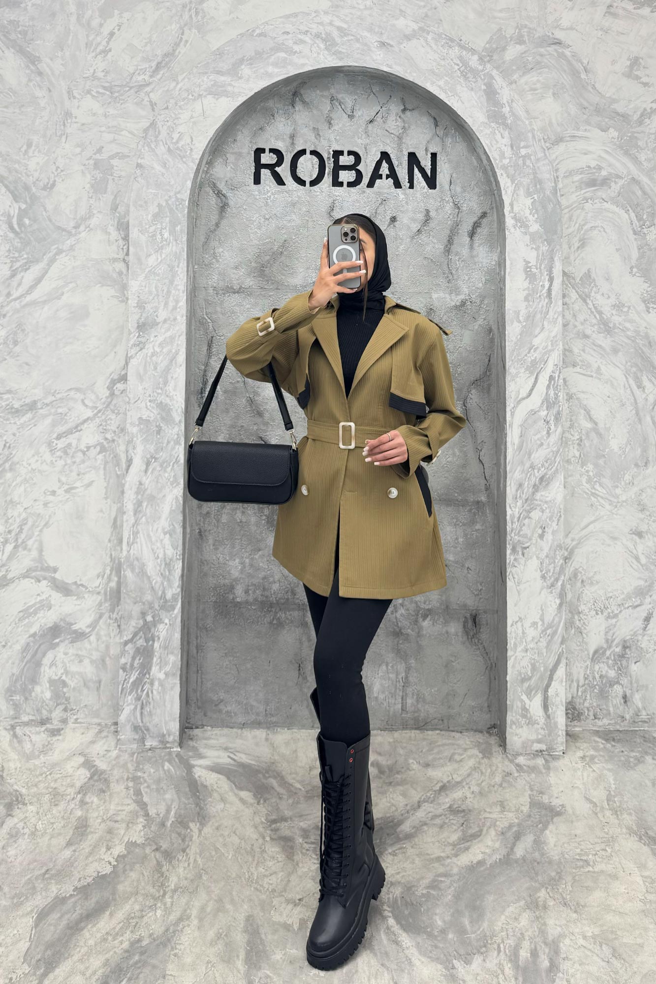 ترنچ کت سانتانا میله ای تیکه مشکی