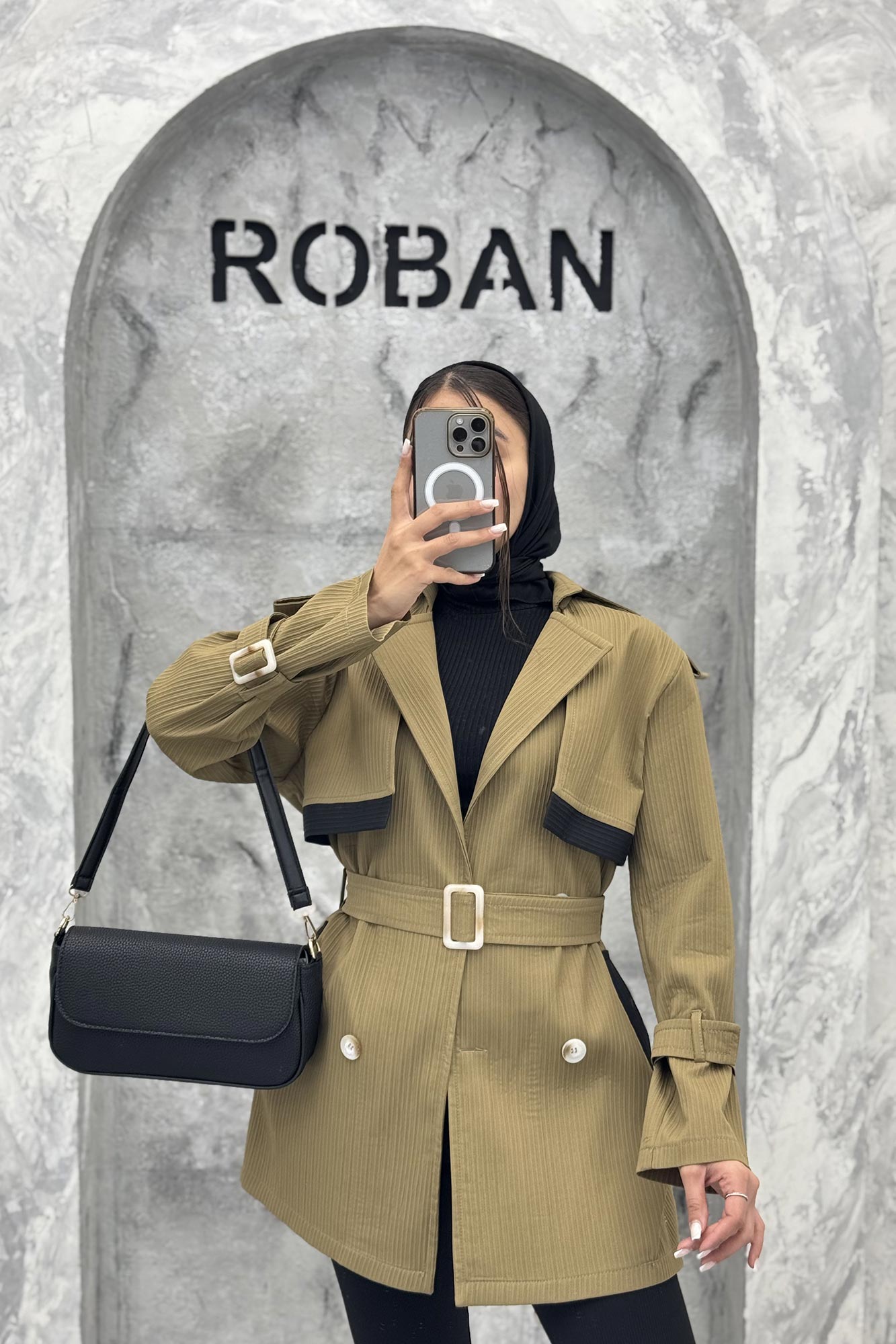 ترنچ کت سانتانا میله ای تیکه مشکی