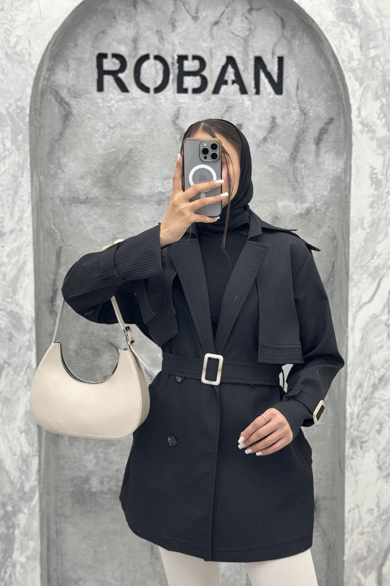 ترنچ کت سانتانا میله ای تیکه مشکی