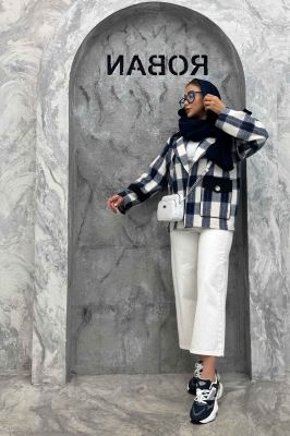 کت چهارخانه ترکیبی کتان تک جیب