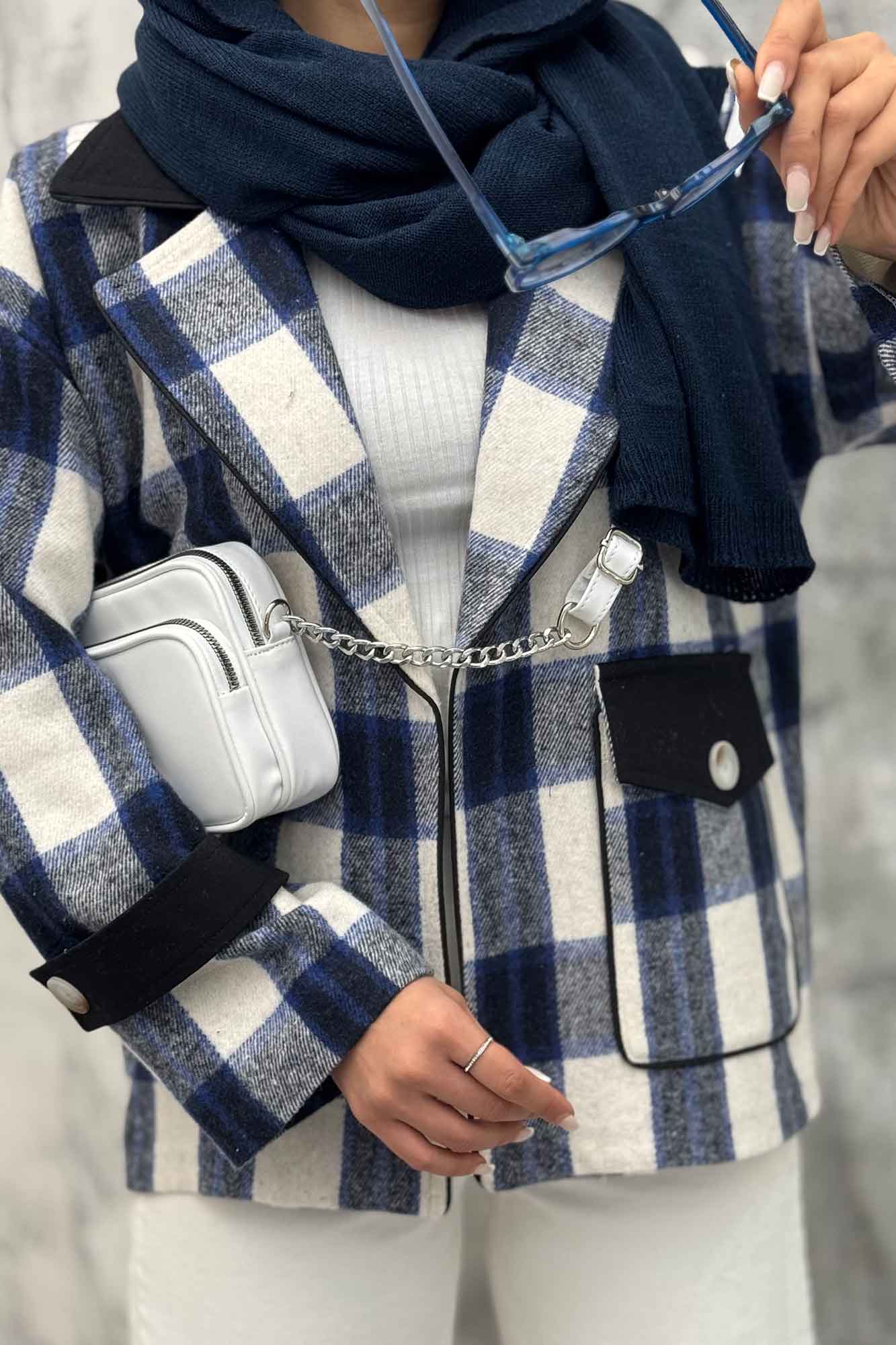 کت چهارخانه ترکیبی کتان تک جیب