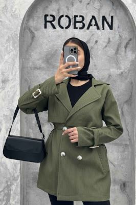 ترنچ کت کمرگت دار آستین سگک سانتانا میله ای