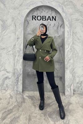 ترنچ کت کمرگت دار آستین سگک سانتانا میله ای