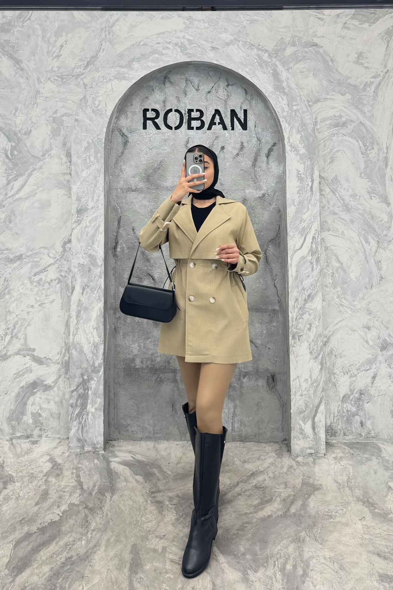 ترنچ کت کمرگت دار آستین سگک سانتانا میله ای