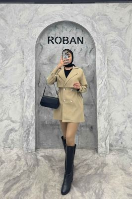 ترنچ کت کمرگت دار آستین سگک سانتانا میله ای