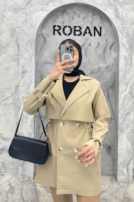 ترنچ کت کمرگت دار آستین سگک سانتانا میله ای