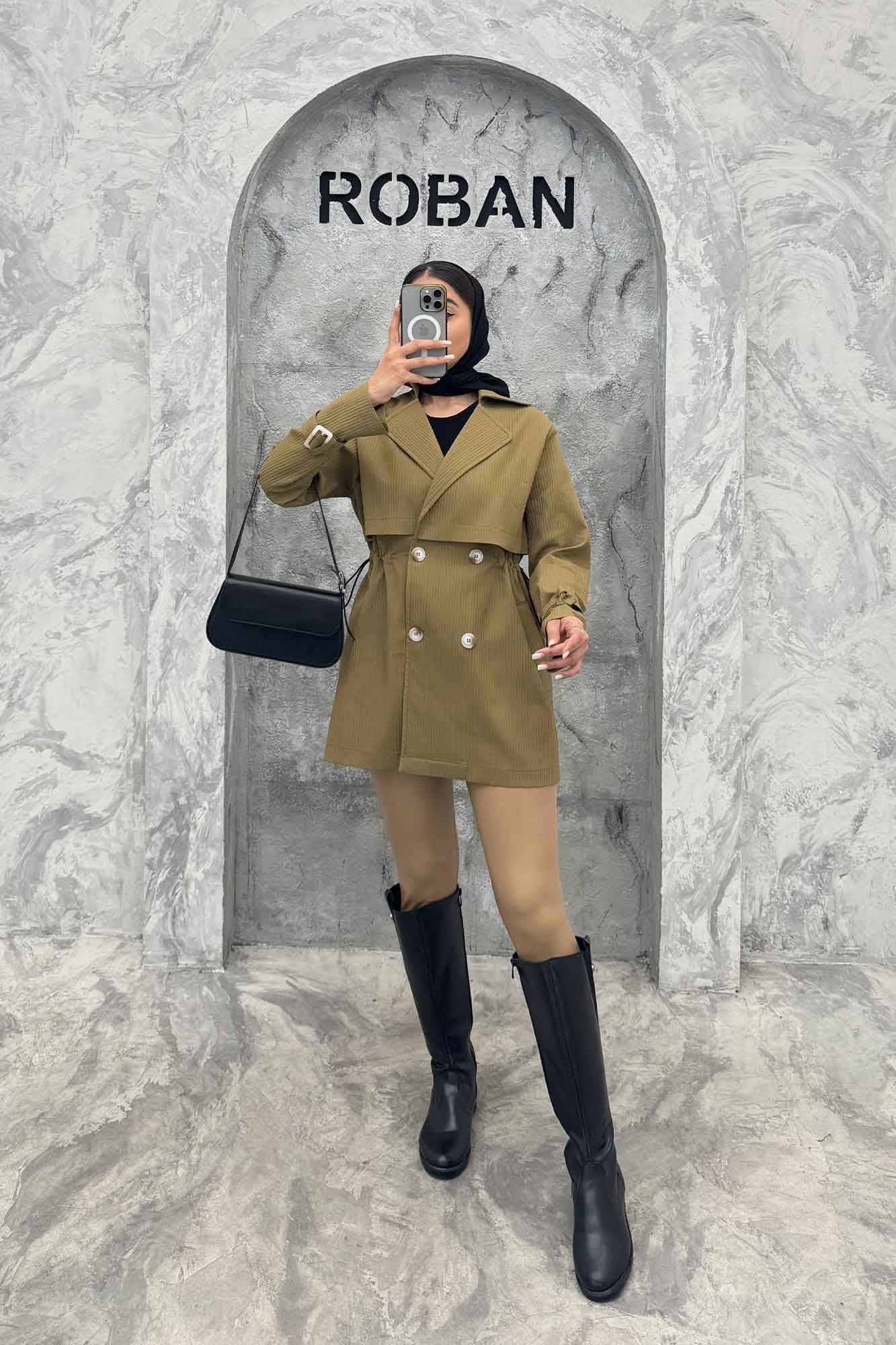 ترنچ کت کمرگت دار آستین سگک سانتانا میله ای