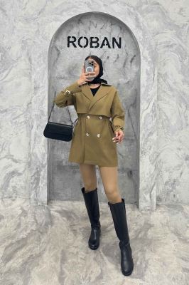 ترنچ کت کمرگت دار آستین سگک سانتانا میله ای