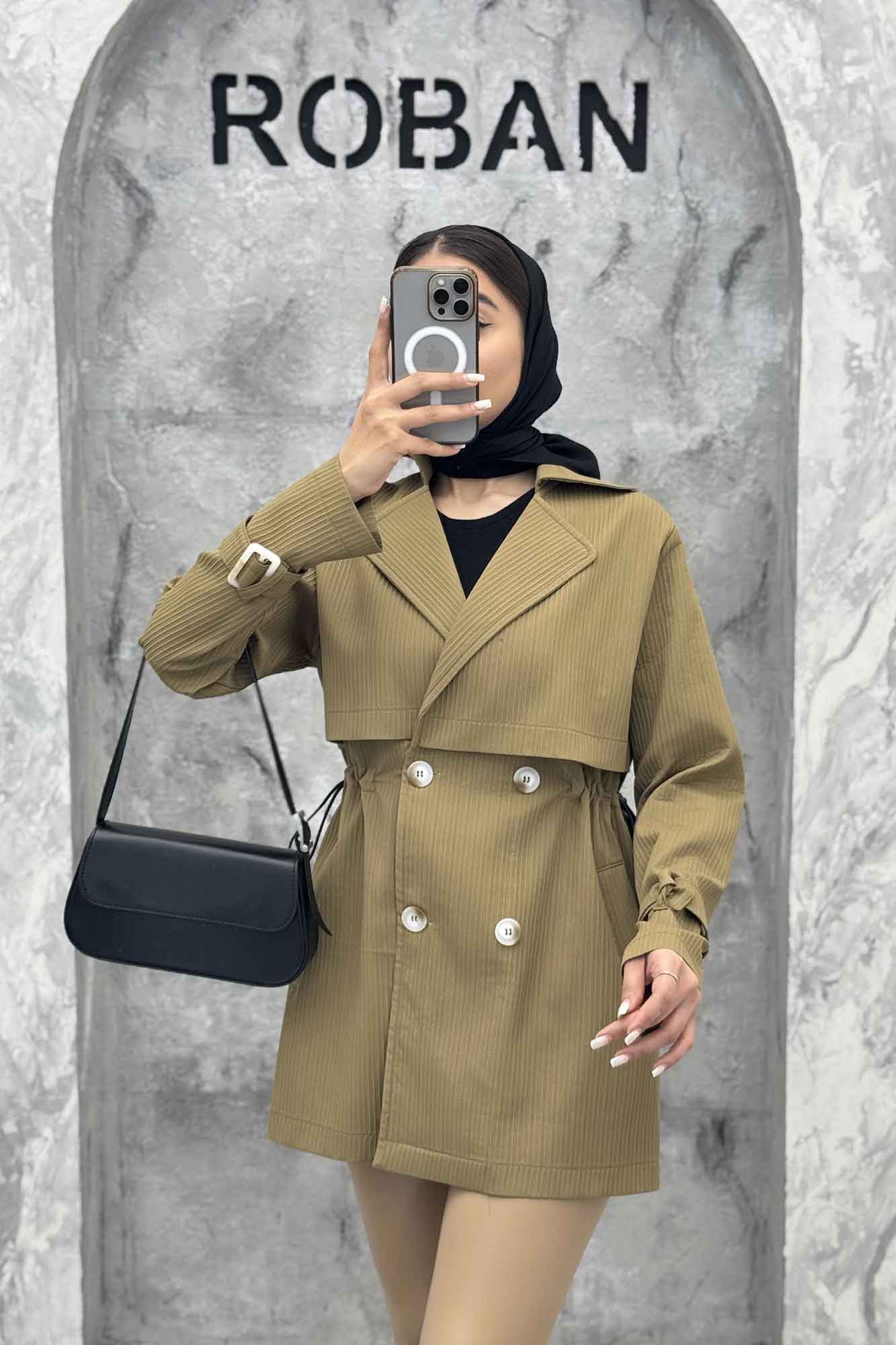 ترنچ کت کمرگت دار آستین سگک سانتانا میله ای